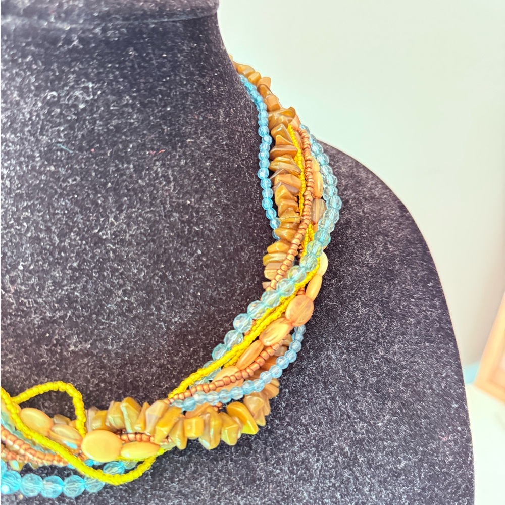 Vintage Blue and Yellow Beaded Necklace - Picture 3 of 5